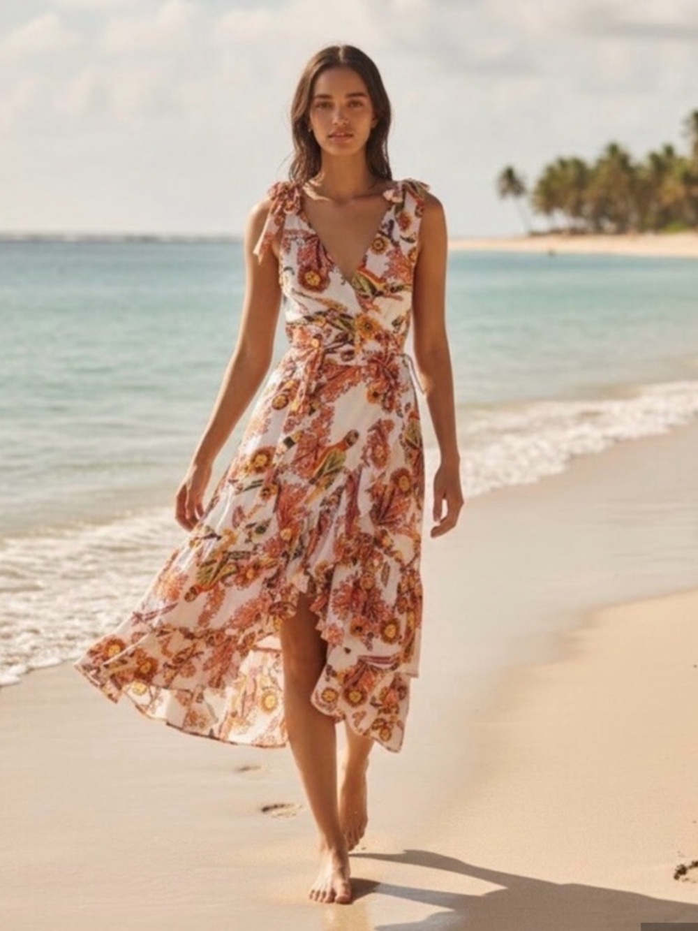 Madewell x Banjanan Floral Wrap Midi Dress - Orange and White